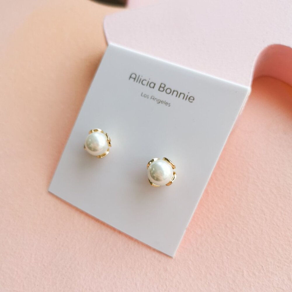 Alicia Bonnie - Ashton Pearl Gold Small Stud Earrings - NEW